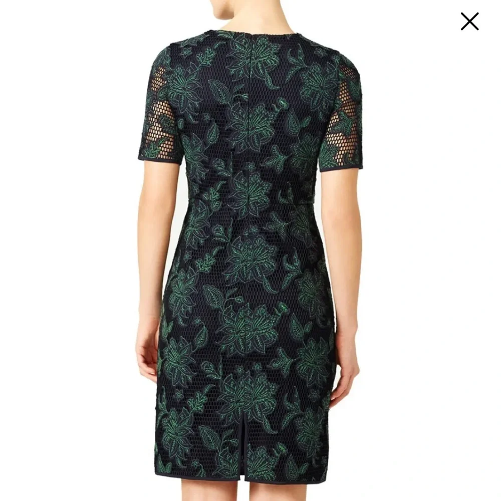 Tory Burch Black Lace Midi Dress with Green Floral Embroidery